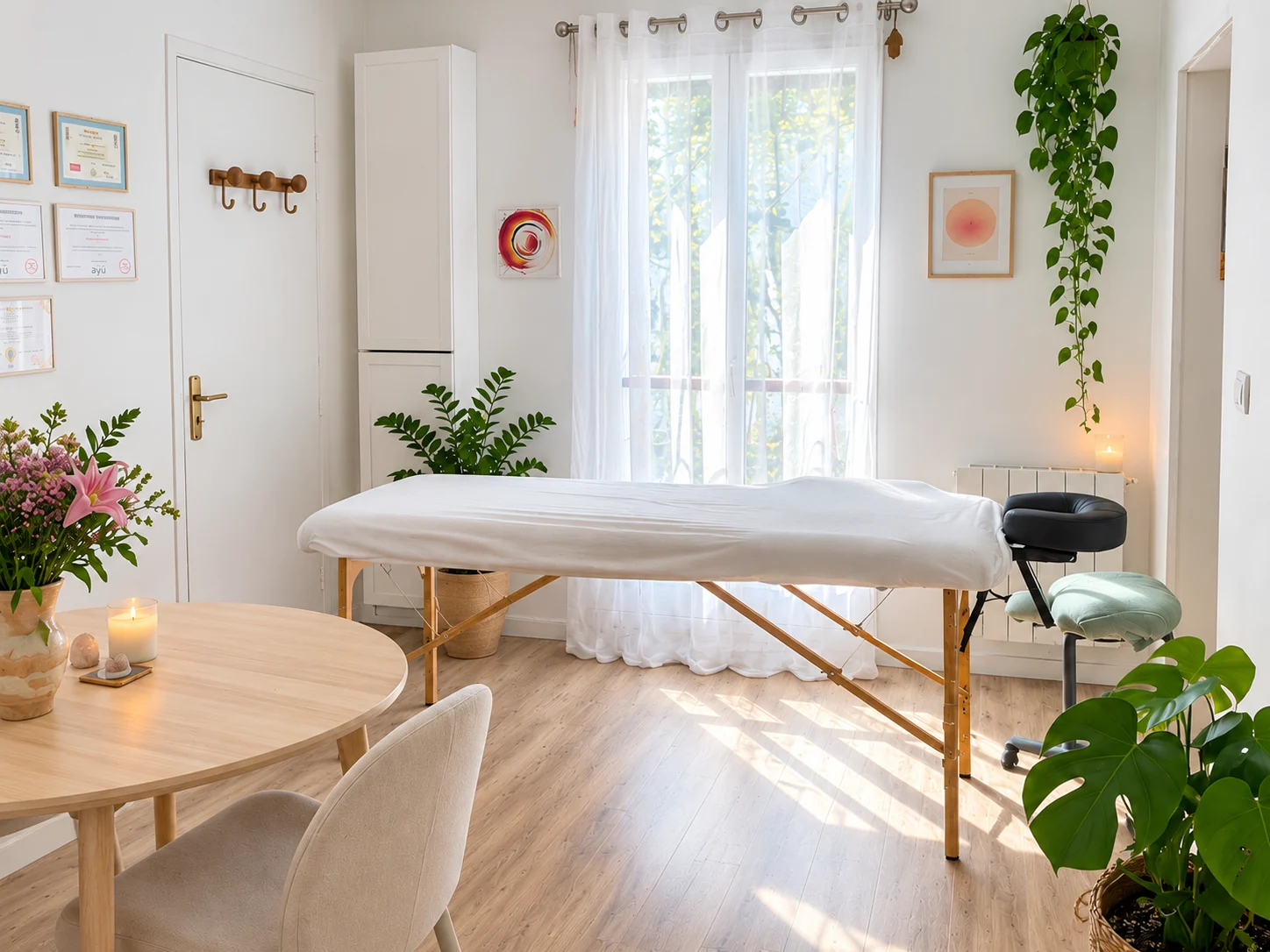 Le cabinet MB Holistique : table de soin, lumière naturelle et plantes